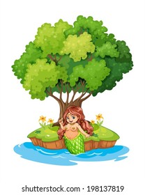 Illustration of a mermaid resting in the island on a white background