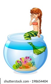 Illustration of a mermaid sitting above the aquarium on a white background
