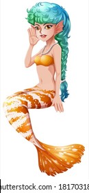 Illustration of a mermaid with a stripe-colored tail on a white background