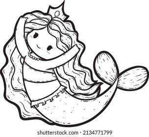 An illustration of a mermaid swimming poses. A mermaid princess with a tiara and pearl necklace. Chibi, kawaii mermaid. A cute coloring page for the whole family.