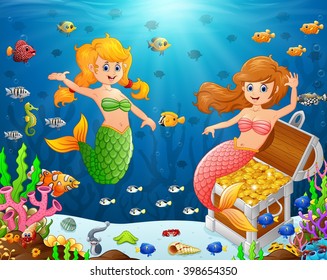 Illustration of a mermaid under the sea