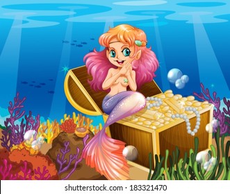 Illustration of a mermaid under the sea beside the treasures