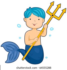 Illustration of a Merman Smiling Happily While Holding a Trident