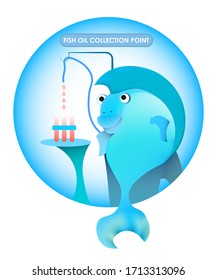 illustration. Merry blue fish gives out fish oil at the reception. Vitamins, Health Benefits. Vector