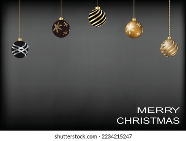 illustration of Merry Chistmas card with five different color  and pattern ball in deep green themes.	