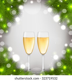 Illustration Merry Christmas Background with Glasses of Champagne and Fir Branches - Vector