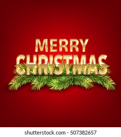 Illustration Merry Christmas Background with Golden Text and Fir Branch - Vector