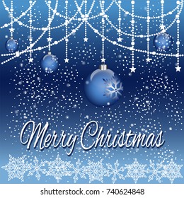 Illustration of merry Christmas card garland, Christmas balls, white snowflakes, snow, blue background