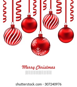 Illustration Merry Christmas Card, Red Glass Balls with Serpentine Isolated on White Background - Vector