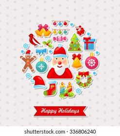 Illustration Merry Christmas Celebration Card with Traditional Elements - Vector