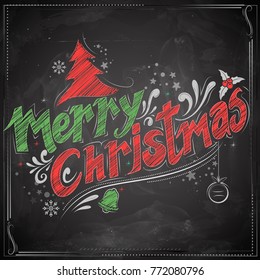 illustration of Merry Christmas chalk Lettering Design Set typography style greeting black board background