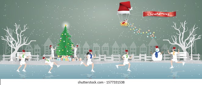 Illustration of Merry Christmas concept with Santa Claus and reindeer in a balloon shaped Santa hat floating on the sky and happy famly on Skating rink in winter season,paper craft and illustration