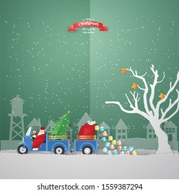 Illustration of  Merry Christmas concept.Santa Claus driving mini truck three wheels  carry Christmas tree and gift box on gray grass  in winter season go to Urban CountrysidePaper art style.