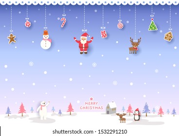 Illustration of Merry Christmas design with ornaments on snowy background.