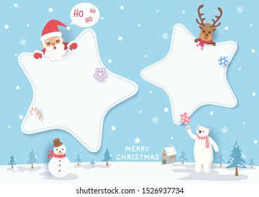 Illustration of Merry Christmas design with star frame, santa calus, reindeer, polar bear, snowman on snowy background.