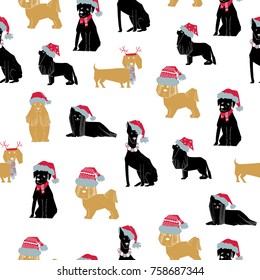 illustration of Merry Christmas Dog seamless pattern. Scandinavian style. Puppies in santa hat with vintage color.