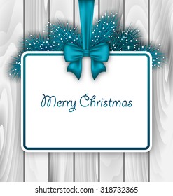 Illustration Merry Christmas Elegant Card with Bow Ribbon and Pine Branches, on Wooden Background - Vector
