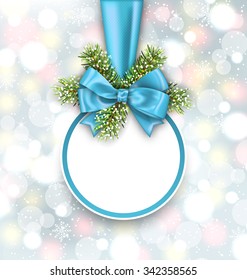 Illustration Merry Christmas Elegant Card with Bow Ribbon and Pine Twigs, on Shimmering Background - Vector