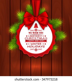 Illustration Merry Christmas Elegant Card with Bow Ribbon and Pine Twigs on Wooden Background - Vector