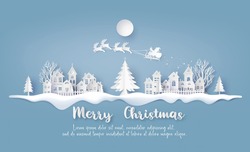 Illustration Of  Merry Christmas And HappNew Year, Santa Claus On The Sky Coming To Countryside Village In Winter .paper Collage And Paper Cut Style With Digital Craft 