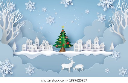 Illustration of  Merry Christmas and HappNew Year,  Countryside Village in winter  season.paper collage and paper cut style with digital craft