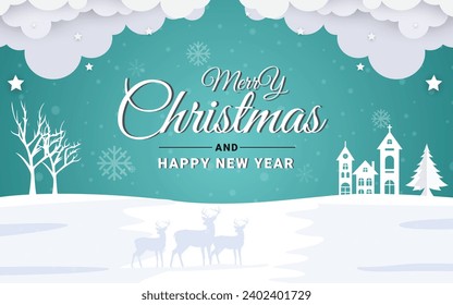 Illustration of merry christmas and happnew year 2024, santa dear to countryside village in winter background and paper cut style concept