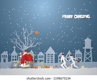 Illustration of Merry Christmas and Happy New Year with Santa Claus  ride a bicycle with a gift bag behind.coming to Urban countryside city and Children are running in the park in winter season