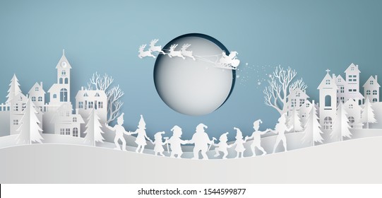 Illustration of  merry christmas and happy new year,Claus on the sky coming to City  with happy family dance around .Design and produce by vector of paper art and cut style.