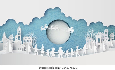 Illustration of  merry christmas and happy new year,Claus on the sky coming to City  with happy family dance around .Design and produce by vector of paper art and cut style.