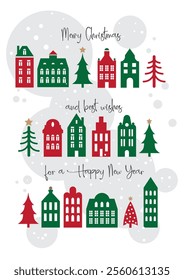 Illustration of Merry Christmas and Happy New Year old town houses - row of houses  and Christmas trees