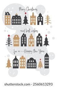 Illustration of Merry Christmas and Happy New Year old town houses - row of houses and Christmas trees - handwritten text