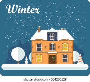 Illustration Merry Christmas and Happy New Year Background with Winter City Landscape with flat house and trees and decorations. Christmas in town