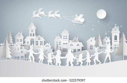 Illustration of  merry christmas and happy new year,Claus on the sky coming to City  with  family dance around .Design and produce by vector of paper art and  digital craft style