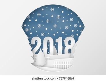 illustration of Merry Christmas and Happy new year 2018 winter season with snow flake. paper art design and craft style.