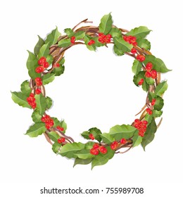 illustration Merry Christmas and Happy New Year Card. The wreath of branches of different trees.winter print, isolated object on a white background.wreath with red berries.Christmas cards.