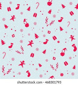 Illustration of merry christmas ornament decoration on snow background into seamless pattern.