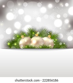 Illustration Merry Christmas postcard with fir branches and golden balls - vector 