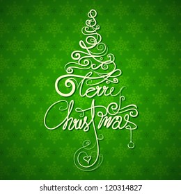 illustration of Merry Christmas in tree shape on snowflakes background