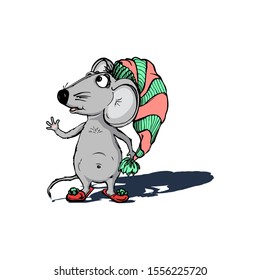 Illustration of a merry festive animal mouse, cartoon domestic rat in festive clothes for paper or textile decor