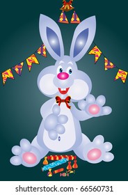 Illustration merry festive rabbit has eaten sweetmeats