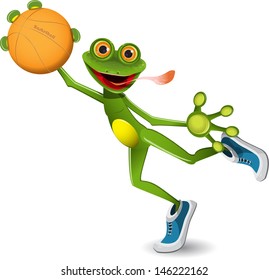 illustration merry green frog with a basketball