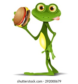 Illustration merry green frog with a delicious cheeseburger