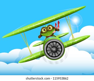 illustration merry green frog pilot in the plane