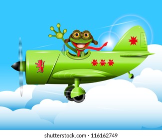 illustration merry green frog pilot in the plane