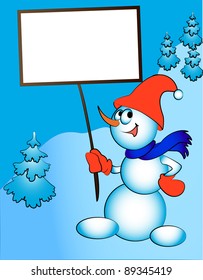 illustration merry snowman keeps in hand billboard