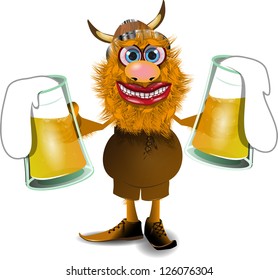 illustration merry viking with two mugs of beer