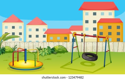 Illustration of a merry-go-round and a swing in a beautiful nature