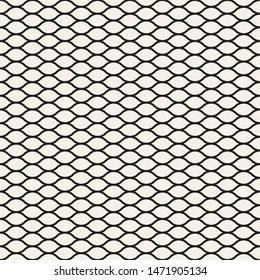 Illustration of mesh, fishnet. Black wavy lines on white backdrop, vector seamless pattern. Design for prints, decoration, web. Subtle monochrome background, simple repeat texture.