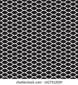 Illustration of mesh, fishnet. White wavy lines on black backdrop, vector seamless pattern. Design for prints, decoration, web. Subtle monochrome background, simple repeat texture.