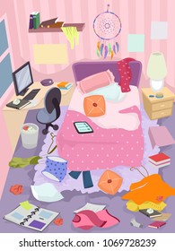 Illustration Of A Messy Bedroom Of A Girl With Clothes, Books And Trash